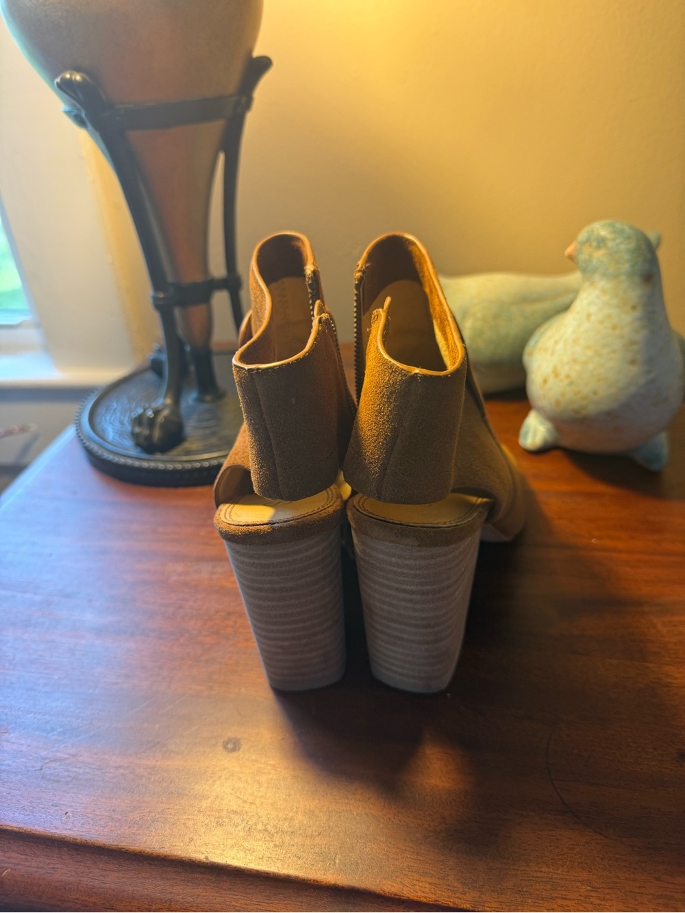 Splendid Tan Suede Peep-Toe Stacked Heel Ankle Boots - Picture 7 of 11